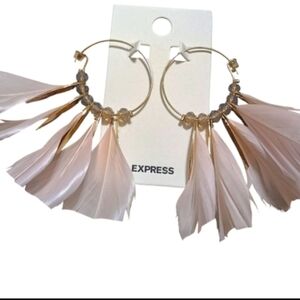 NWT Express Pastel Pink Feather Gold Hoop Earrings Boho